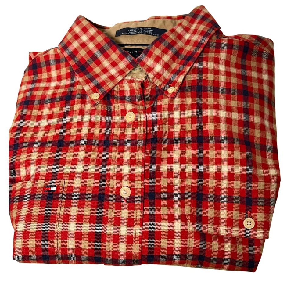 Tommy Hilfiger Mens Button Down‎ Shirt Size XL Red Plaid Preppy Workwear Outdoor